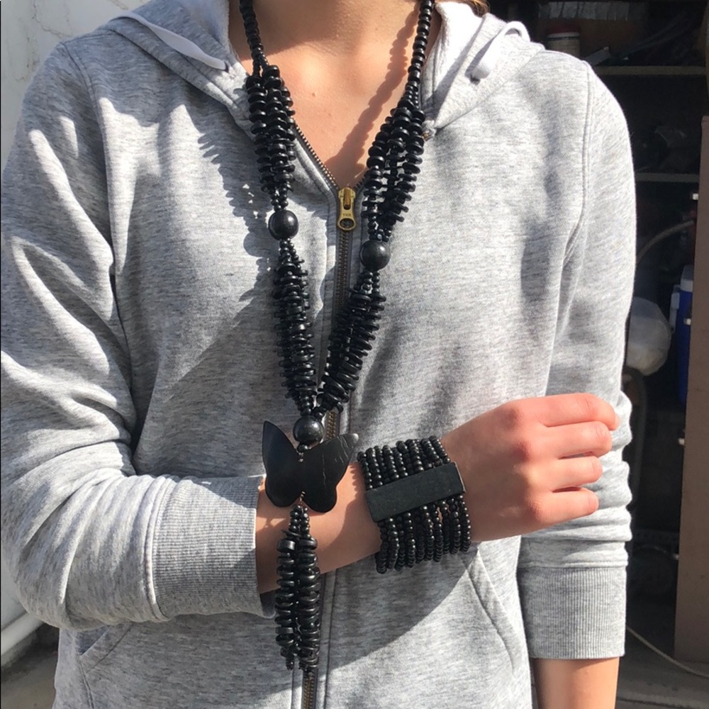Black wooden necklace, bracelet and earring set